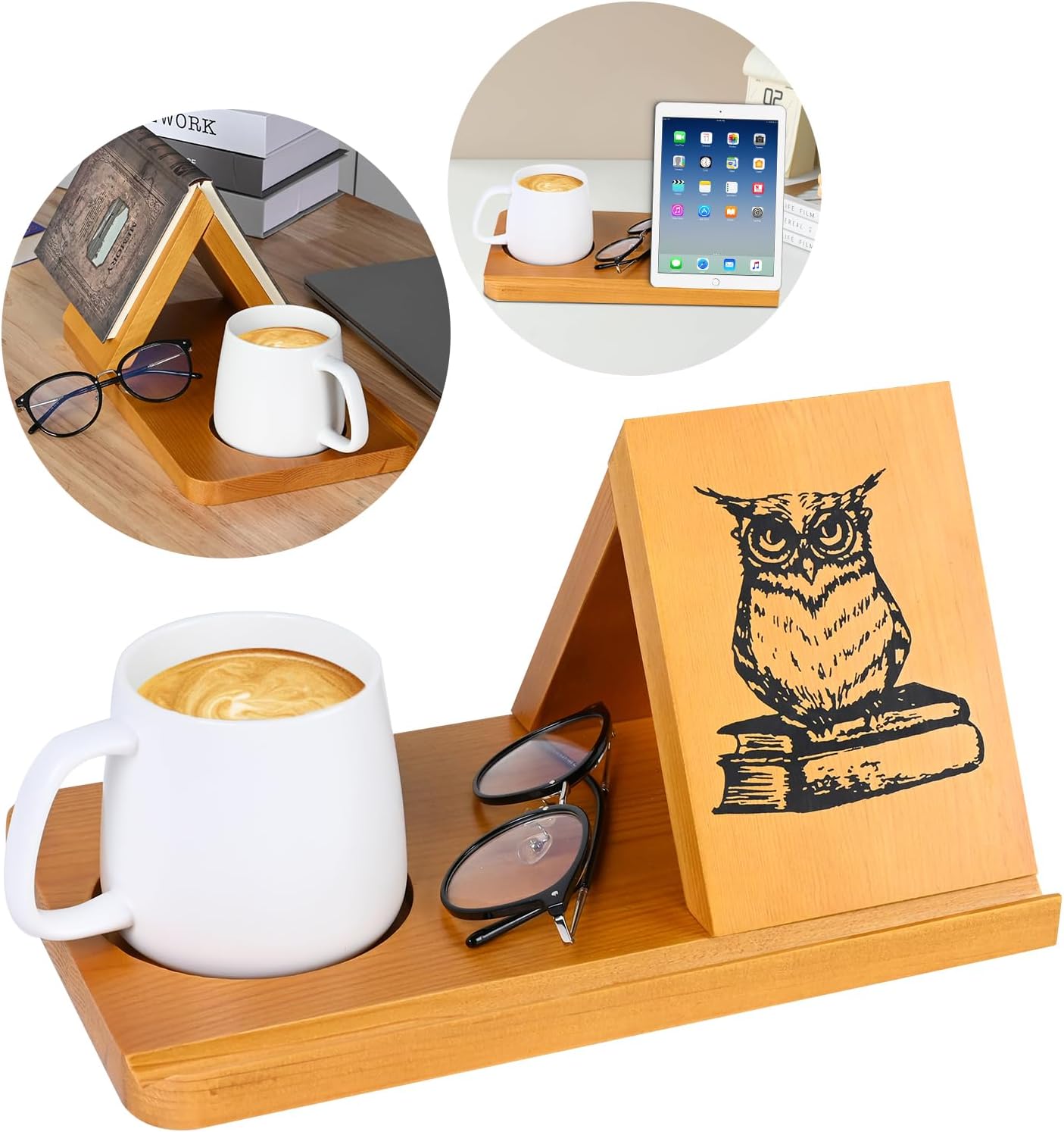 Book Stand, Wooden Triangle Book Holder, Book Rest with Cup Holder, Small Bookshelf Suitable for Reading or Desktop Decoration, Coffee and Book Lovers Gifts