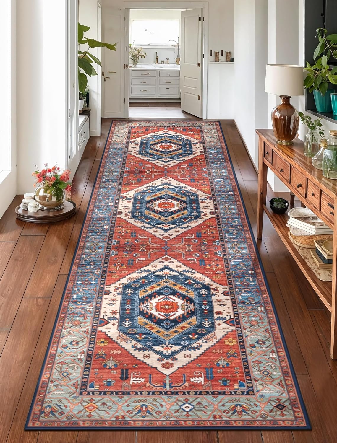 Runner Rug for Hallways, 2'6"x10' Washable Non Slip Kitchen Runner Rug, Long Boho Rug Vintage Rust Hallway Stair Ultra Soft Print Floor Carpet for Bedroom Bathroom Laundry Room