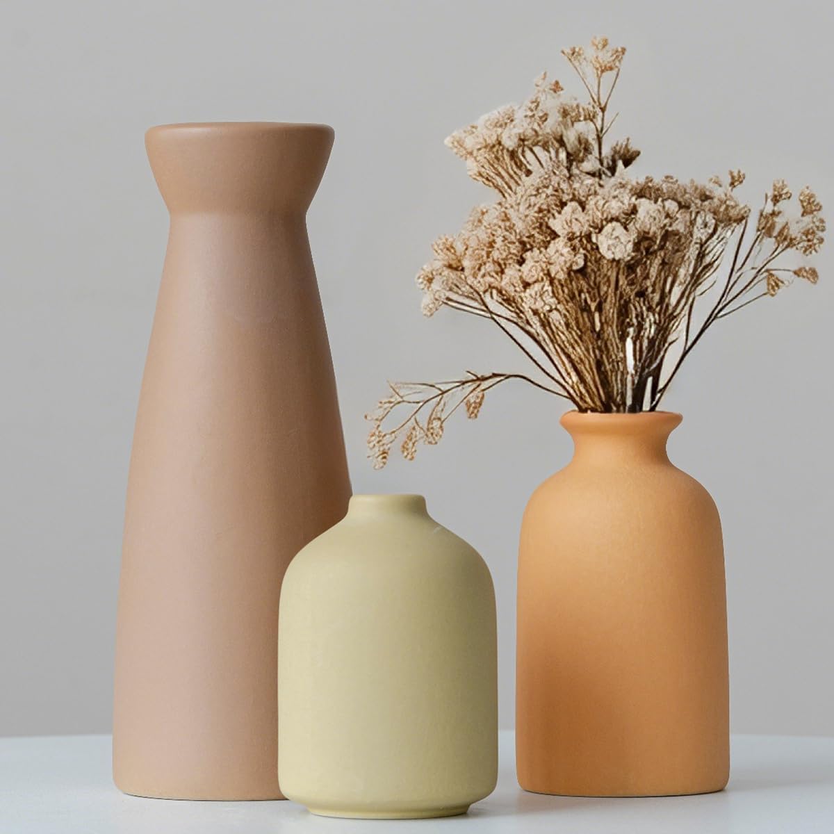 Distressed Ceramic Vase Set of 3, Modern Bohemian Farmhouse Home Decor, Pampas Grass Dried Flowers Vases for Living Room, Dining Room, Bedroom, Kitchen, Bathroom, Office, Entryway (Brown Mix)