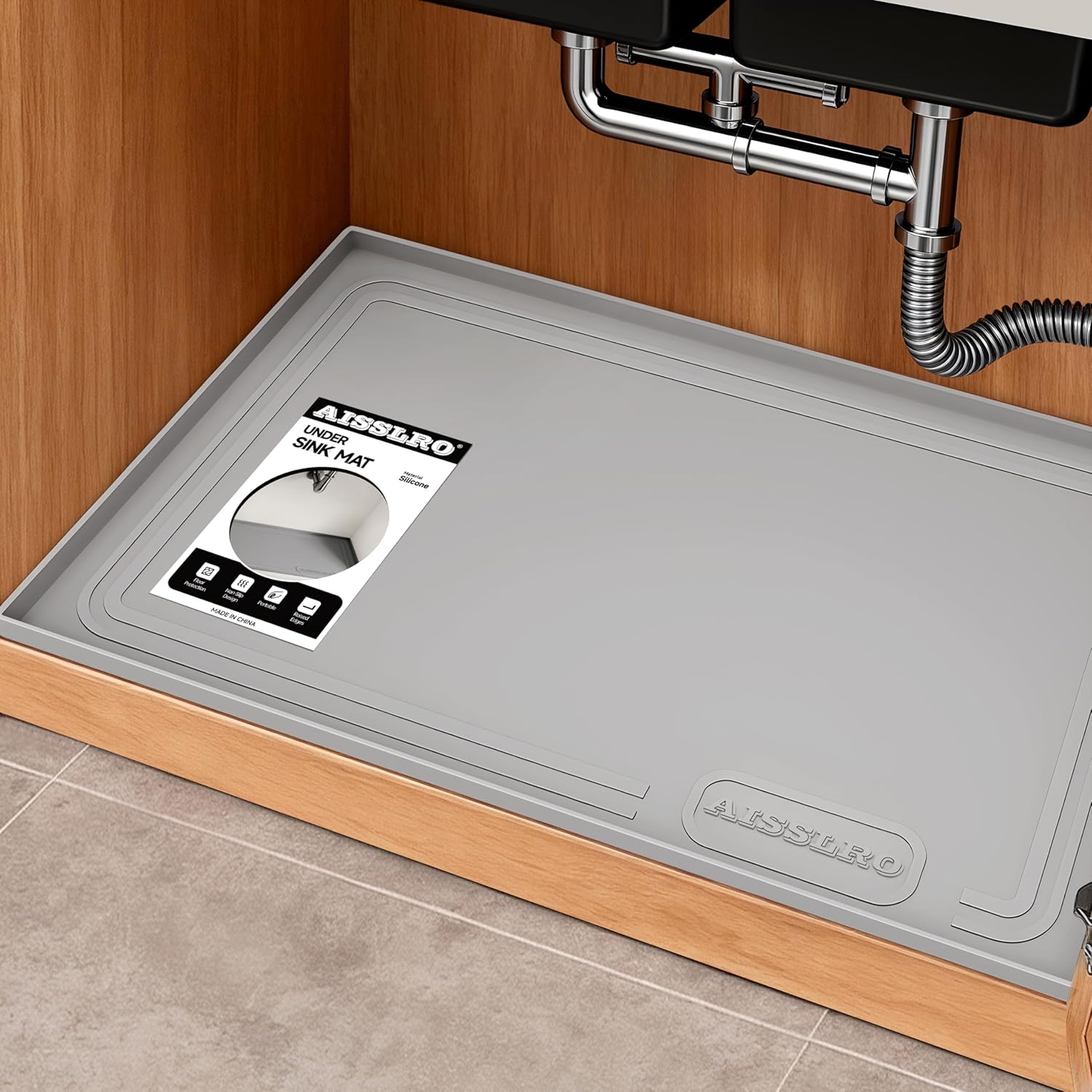 Under Sink Mat 25" X 19", Waterproof Silicone Under Sink Mats for Kitchen, Anti-Leak Shelf Liner & Cabinet Protector with Raised Edge, [BPA Free] Bathroom Tray Home Organizer, Gray