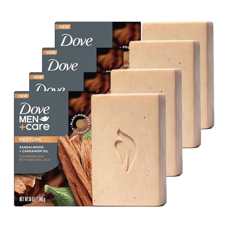 DOVE MEN Cleansing Bar Soap Sandalwood + Cardamom Oil 4 Bars 5 oz | To Rebuild Skin in the Shower, a 4in1 Hair, Body, Face & Shaving Bar with Plant-Based Cleanser and Natural Oils