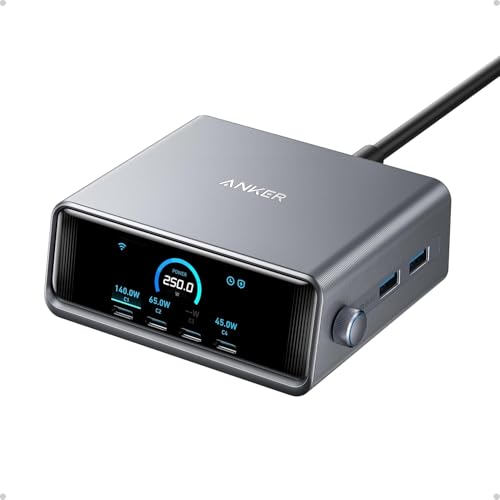 Anker Prime Charging Station, 250W 6-Port GaN USB C Charger | 2.26" LCD Smart Display Control, Compatible with iPhone, Galaxy, MacBook, Dell for Home Office, Gaming Desk Accessories