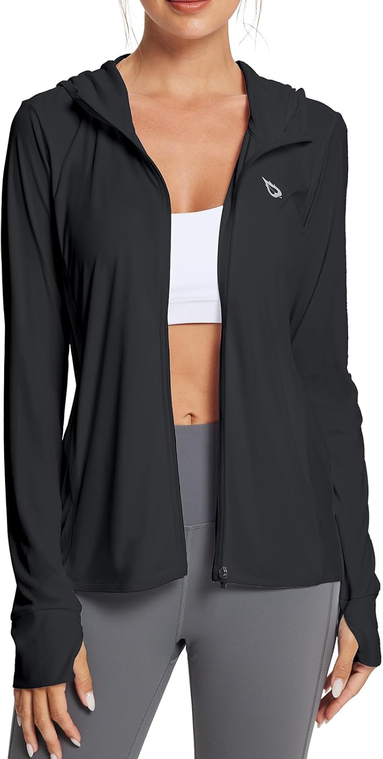 Women's SPF Jacket Sun Shirt UV Protection Hoodie Zip Up Long Sleeve Hooded Summer Clothing Running Hiking Black L