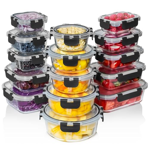 30 PC Glass Food Storage Containers with Lids - Reusable Glass Meal Prep Containers for Lunch and Leftovers - Airtight & Leakproof Snap Locking Lids - Oven, Freezer, Microwave, Dishwasher Safe