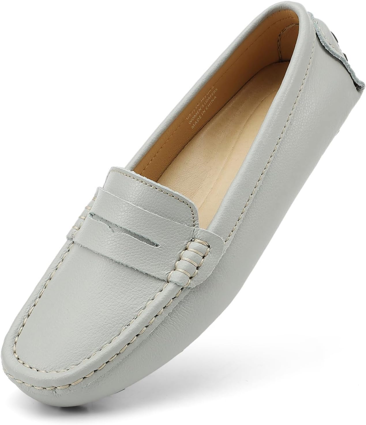 Women's Classic Comfort Light Grey Leather Penny Loafers Casual Slip-Ons Lightweight Walking Flats Driving Mocs Boat Shoes 8.5 M US