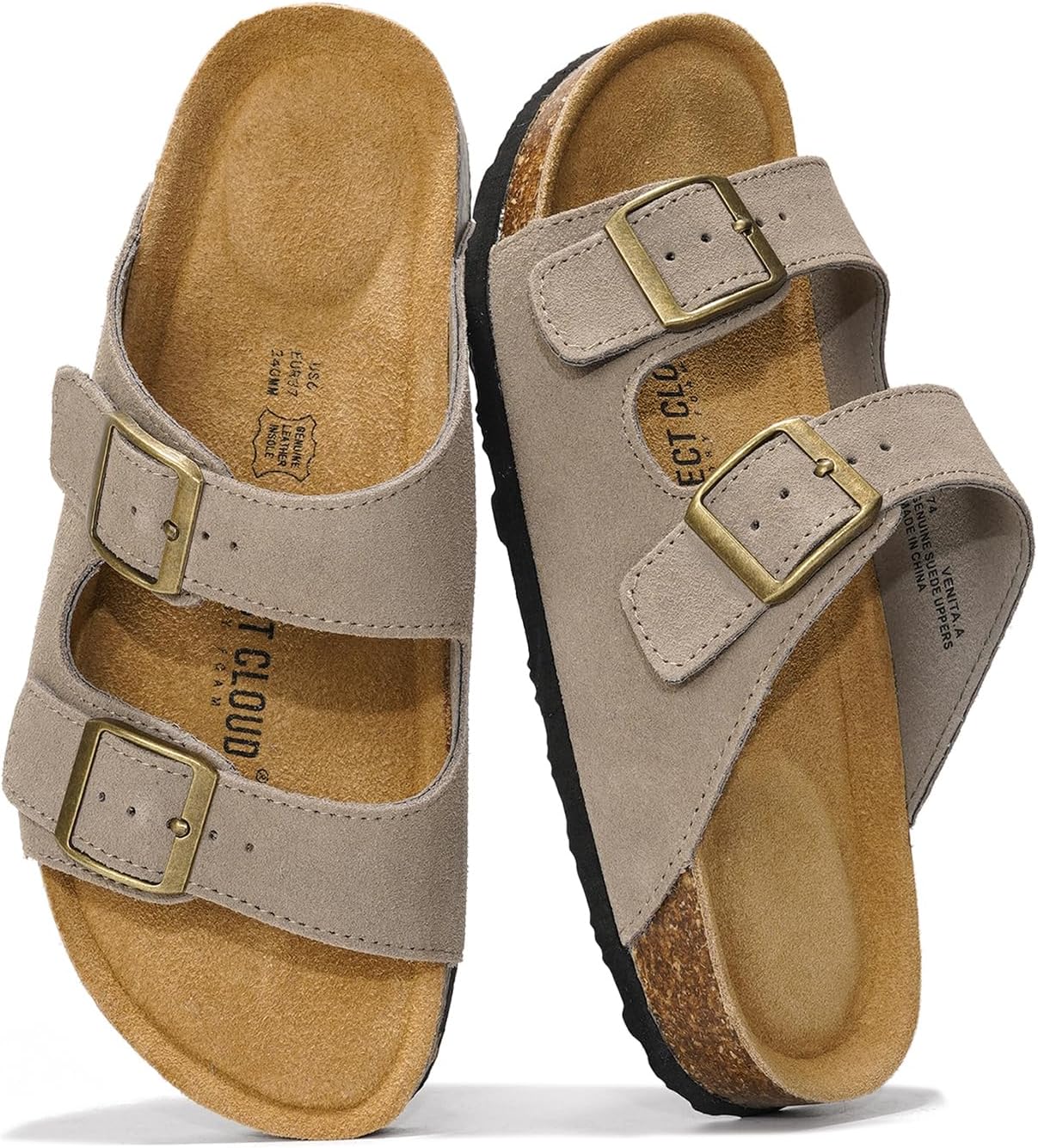 100% Genuine Leather Flat Sandals For Women 2026 Cork Footbed Womens Sandals with Memory Foam and arch support Vacation Essentials Slides for Women Footwear (Venita, greysu, 7.5)