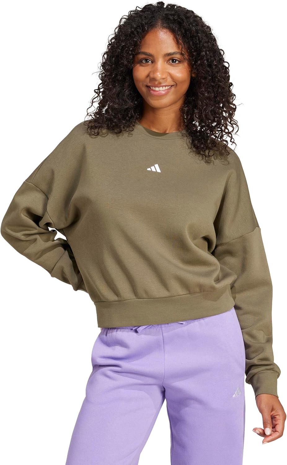 adidas Women's Small Logo Fleece Sportswear Sweatshirt, Olive Strata/White, Medium