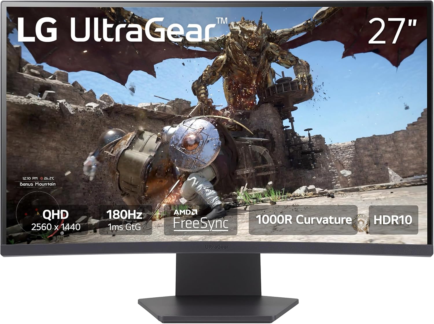 LG 27GS60QC-B Ultragear 27-inch Curved Gaming Monitor QHD (2560x1440) 180Hz 1ms 1000R AMD FreeSync HDR10 HDMIx2 DisplayPort Borderless Design Black Stabilizer DAS Crosshair FPS Counter - Black