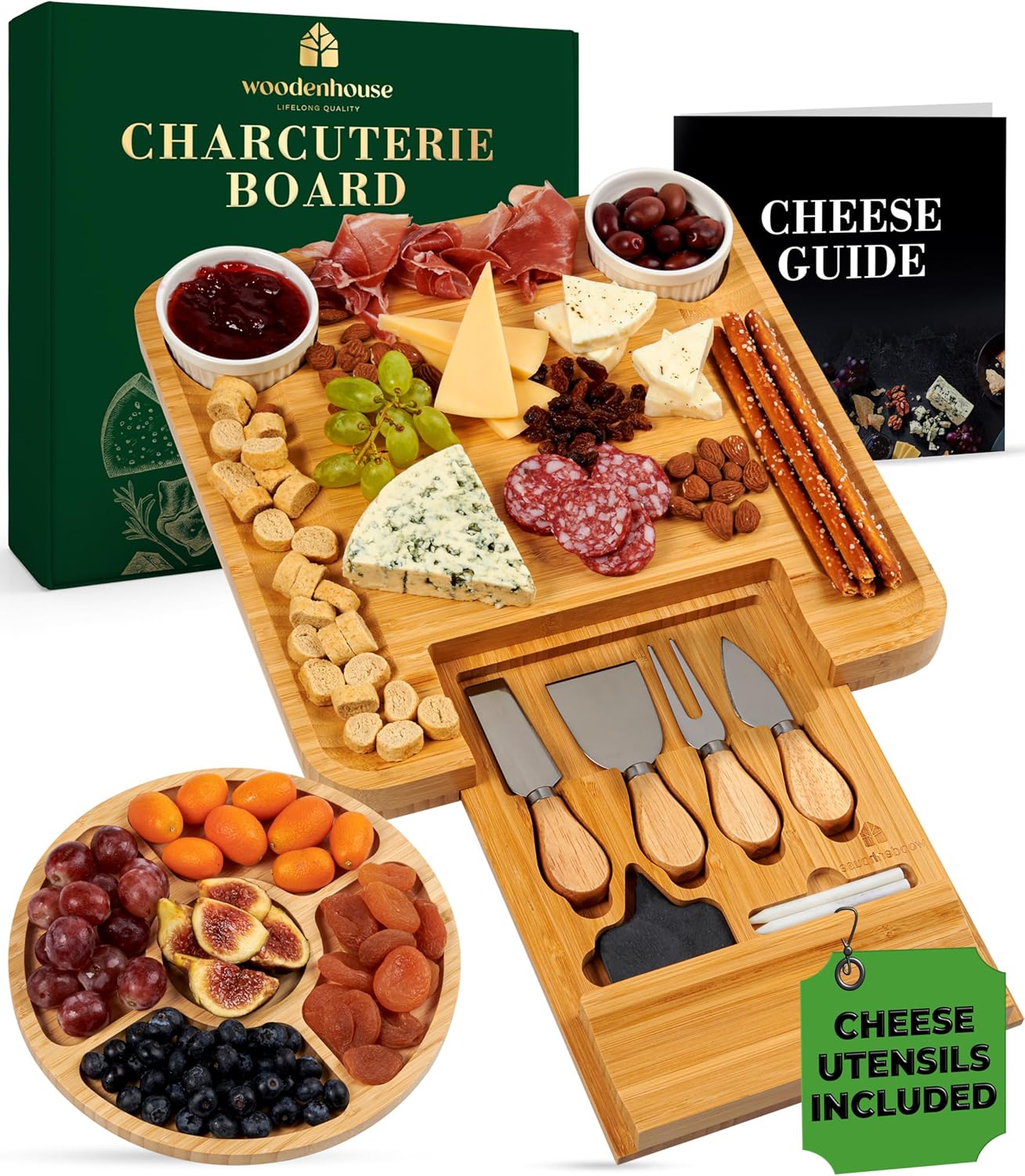 Bamboo Charcuterie Boards Gift Set - Meat and Cheese Tray with Utensils, Fruit Tray, and 2 Sauce Bowls Included - Bamboo Cheese Platter - House Warming Gifts New Home Couples & Family, Wedding Gifts