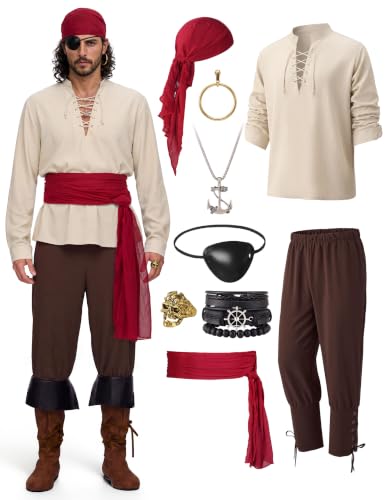 Spooktacular Creations 6 Pcs Men Pirate Costume, Men Renaissance Medieval Viking Pirate Costume with Viking Shirt, Banded Pants, Eye Patch, Bandana,Belt and Earrings for Halloween Cosplay-L