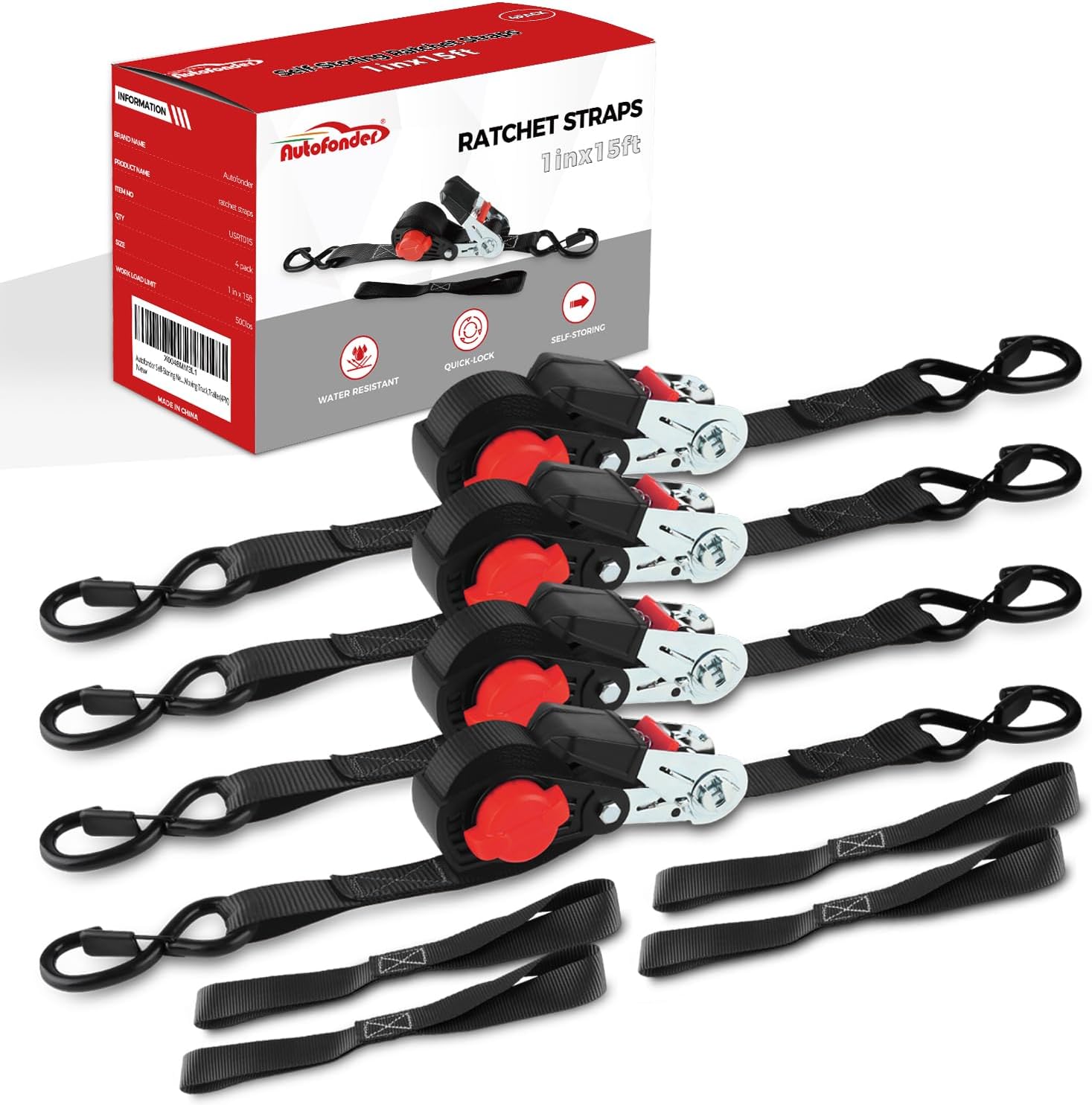 NeatStrap Ratchet Strap with Safety Lock Chromoly S Hooks-1,500lbs Break Strength-Motorcycle, Kayak Ratcheting Straps 1" x 15' Soft Loop Tie-Downs for Pickup Bed,Moving Truck,Trailer(4PK)