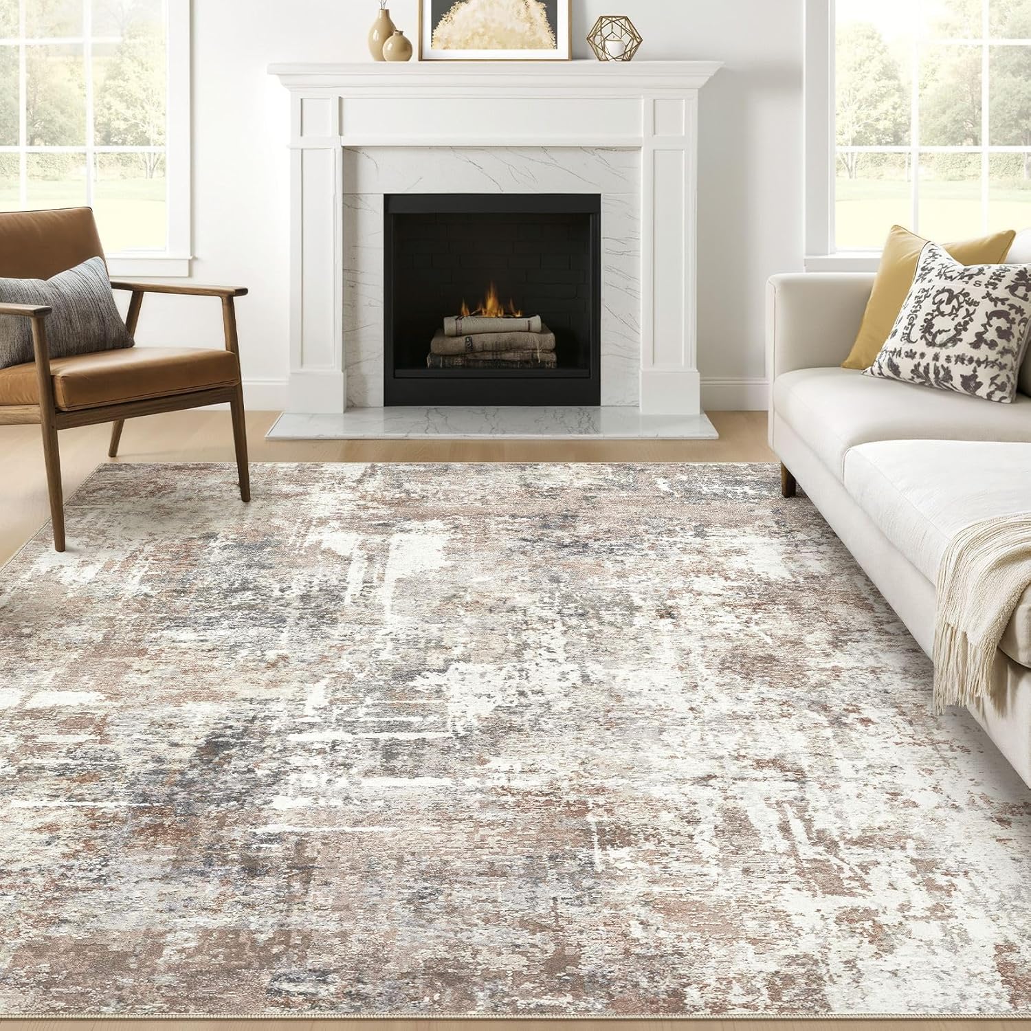 Area Rugs 9x12 Living Room: Washable Large Abstract Modern Soft Rugs Stain Resistant Indoor Floor Non Slip Accent Carpet for Bedroom Nursery Playroom Office Dining Room Dorm Home Decor- Brown