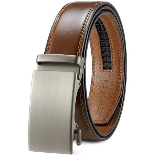 BOSTANTEN Ratchet Belts for Men Leather Trim to Fit 1 3/8“ Gift Boxed | Micro-Adjustable Buckle, Tailored Size, Holeless, Versatile for Dress Casual, Effortless Style