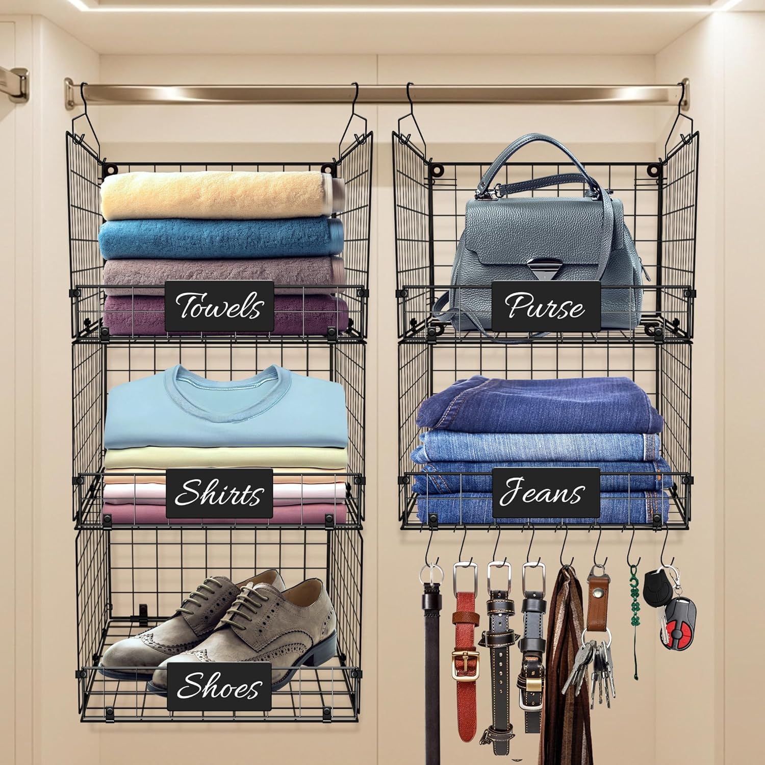 5-Tier Adjustable Hanging Closet Organizer – Maximize Hanging Storage w/ 4 Hanging Hooks, 8 S Hooks & 5 Name Plates - Sturdy Foldable Wire Storage Hanging Shelves for Clothes, Towels (Black)