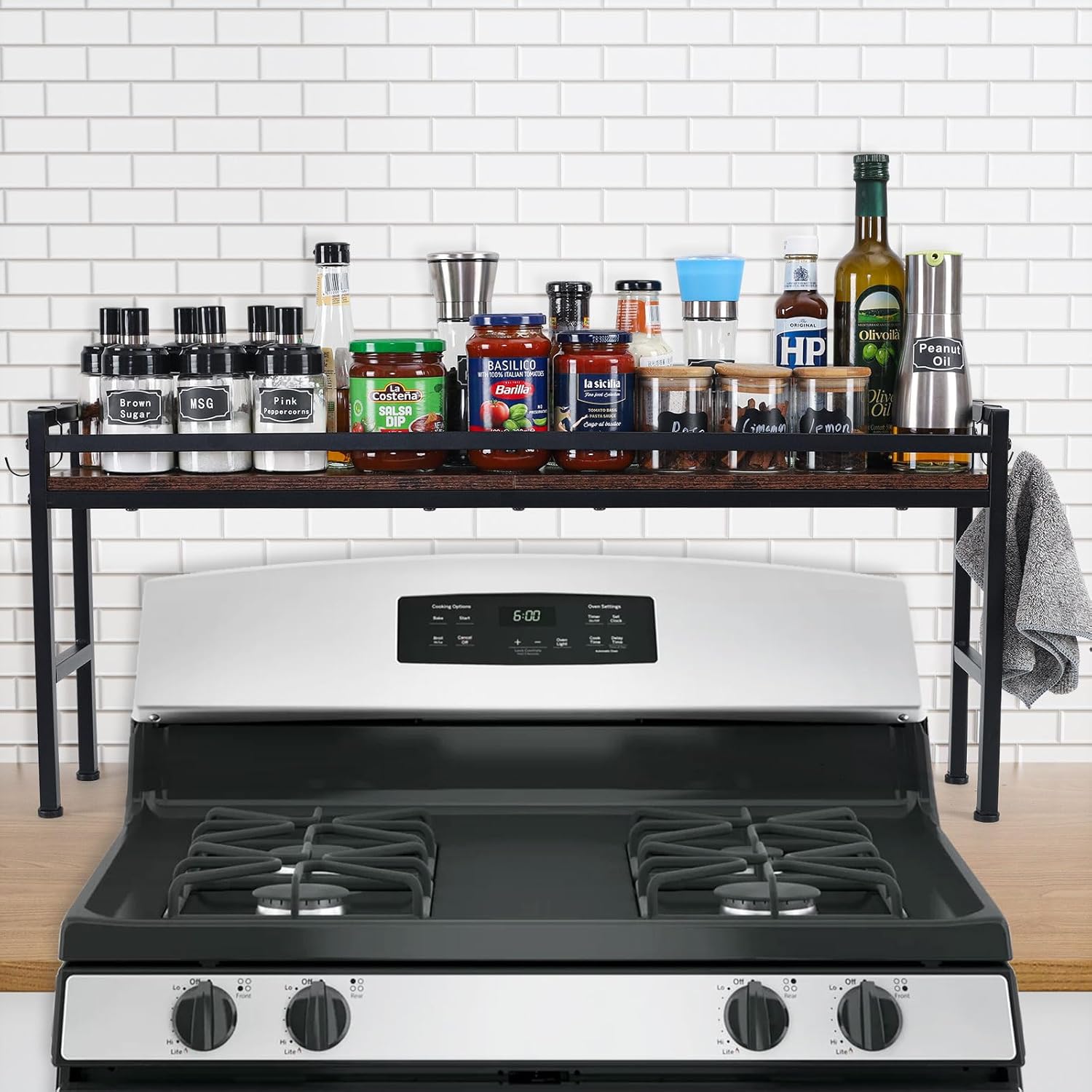 Spice Rack Shelf for Kitchen Stove，Stove Top Shelf with 4 hooks Extra Storage Countertop, Seasoning Organizer,Kitchen Organizers and Storage