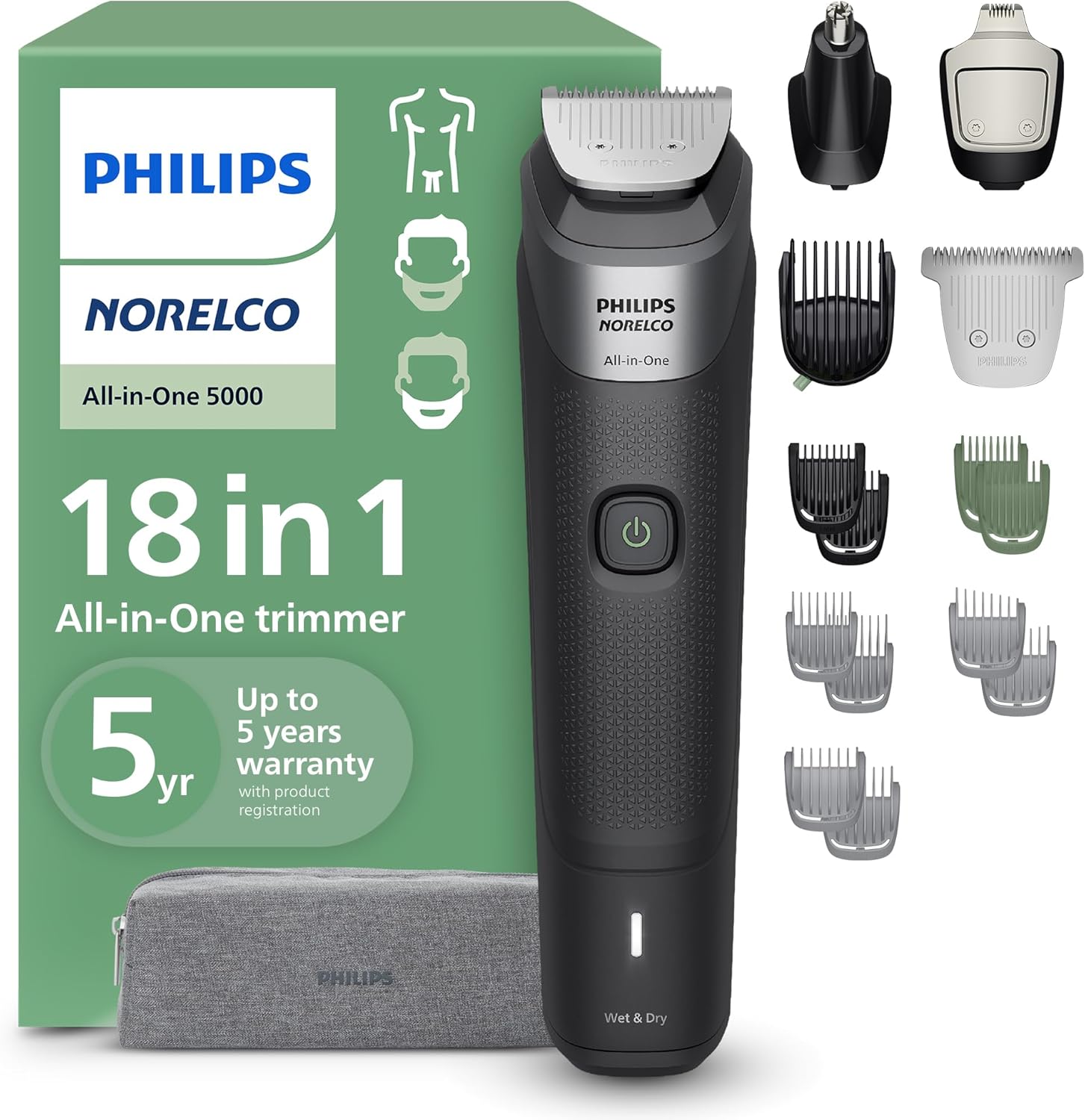 Norelco All-in-One 18-Piece Trimmer 5000 Series - Shaver and Clipper for Face, Hair & Body, Self-sharpening Titanium Coated Blades, 16 Length Settings (0.5-16 mm), Wide Hair Clipper, MG5970/49