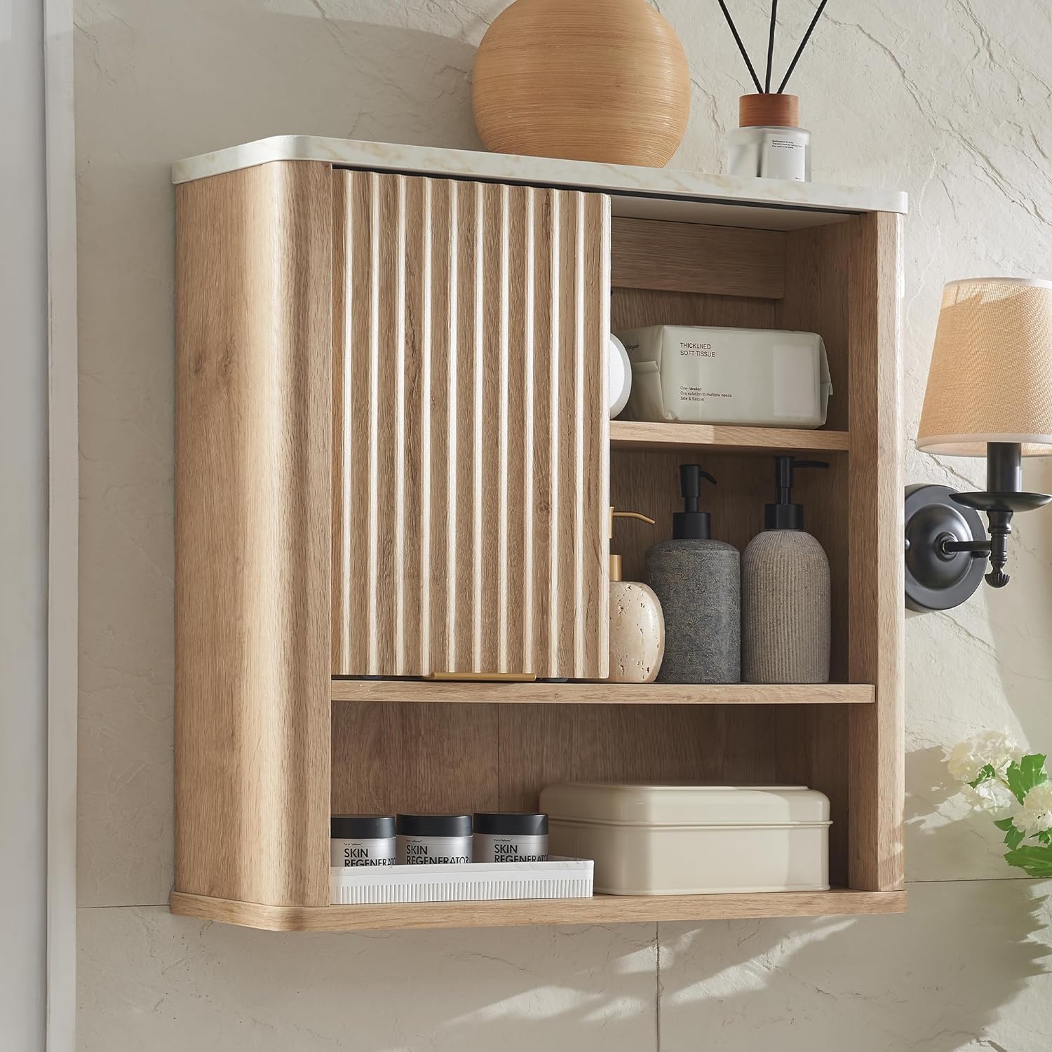 Bathroom Wall Cabinet w/Fluted Sliding Door, Modern Medicine Cabinet w/Faux Marble Top & Adjustable Shelf, Curved Profile Wall Mounted Storage Organizer, Natural Oak Color