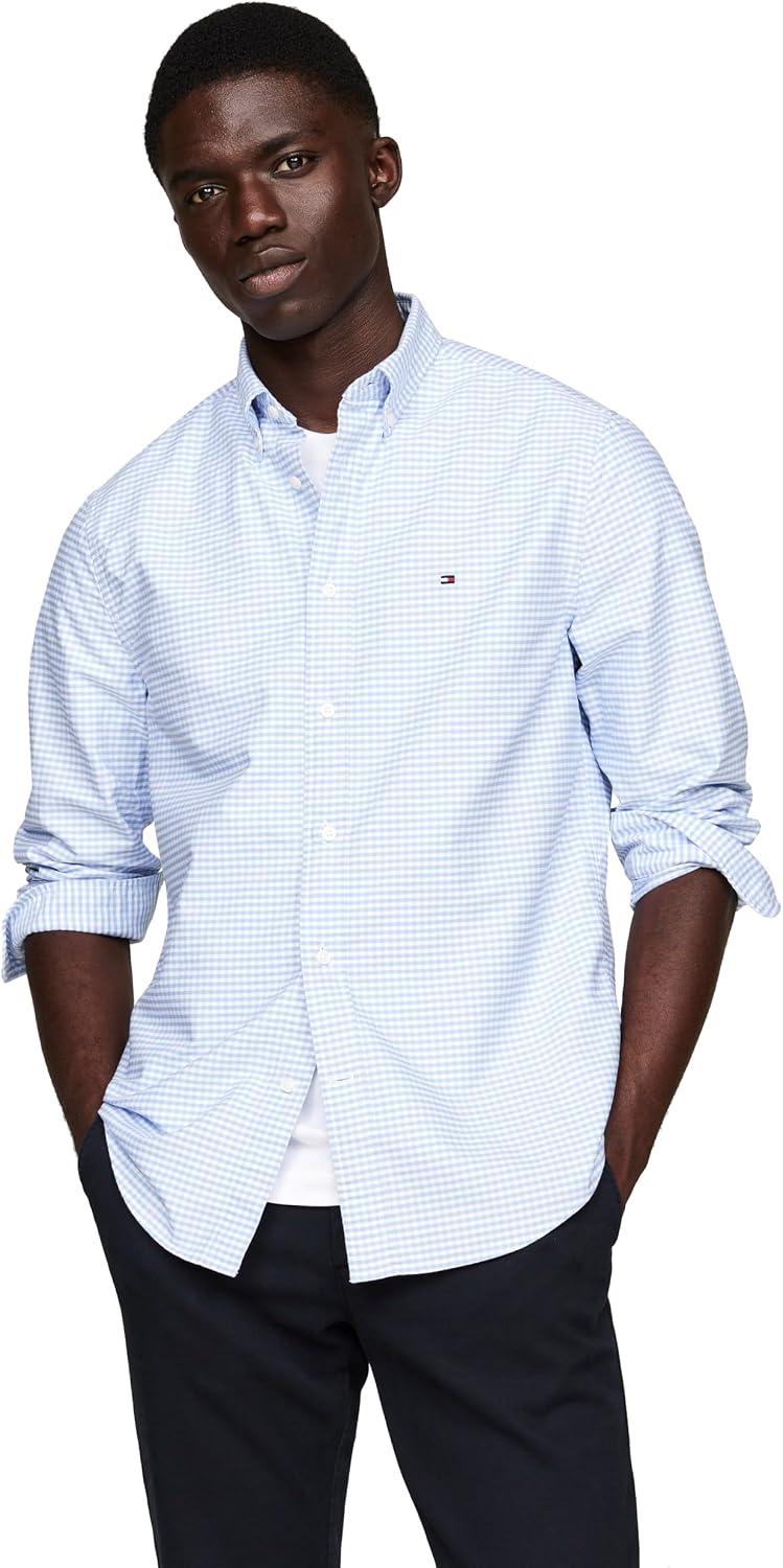 Tommy Hilfiger Men's Long Sleeve Oxford Shirts in Regular Fit, Men's Button Down Shirts, Also Available in Big and Tall Cloudy Blue/White X-Small