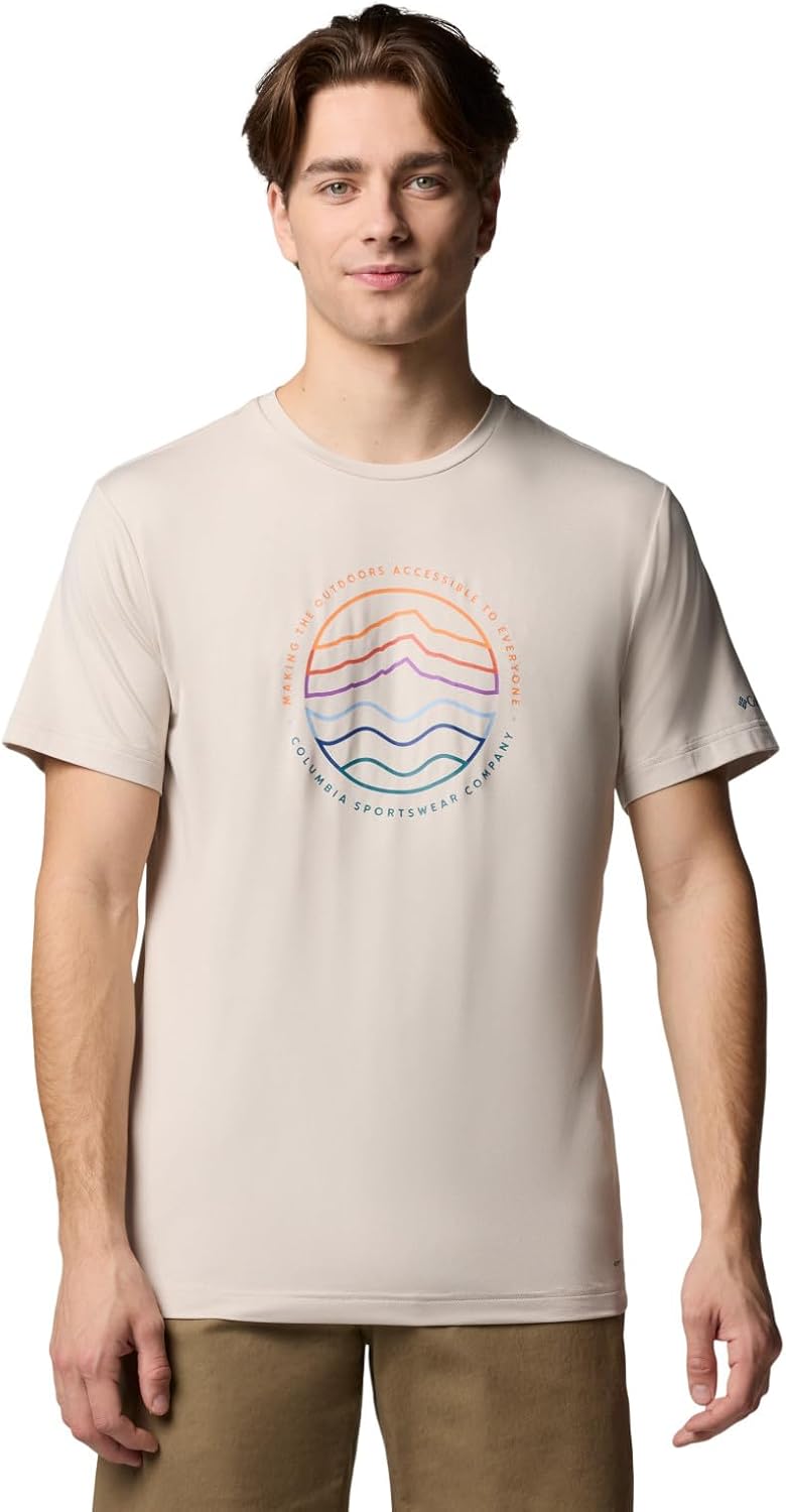 Columbia Men's Kwick Hike Graphic Short Sleeve Tee, Dark Stone Heather/Peaked Lifestyle, Medium