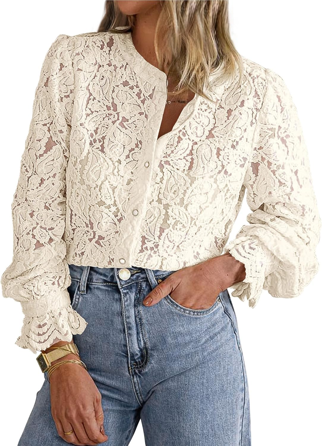 Women's Dressy Casual Lace Blouse Long Sleeve Button Up Shirts Tops Spring Fall Fashion Clothes (Beige,Medium)