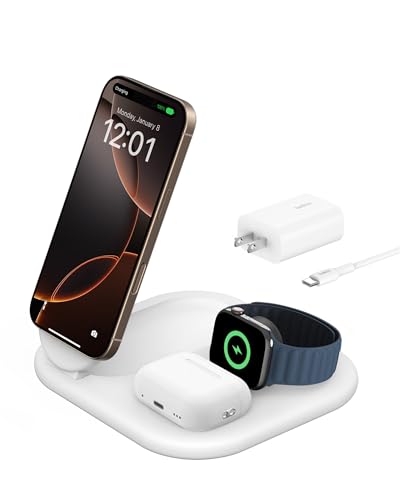 Belkin Qi2 Magnetic Wireless Charging Station, 3 in 1 Foldable Charger | MagSafe compatible, Apple Watch, AirPods, Qi2 certified, wireless charging station, travel stand