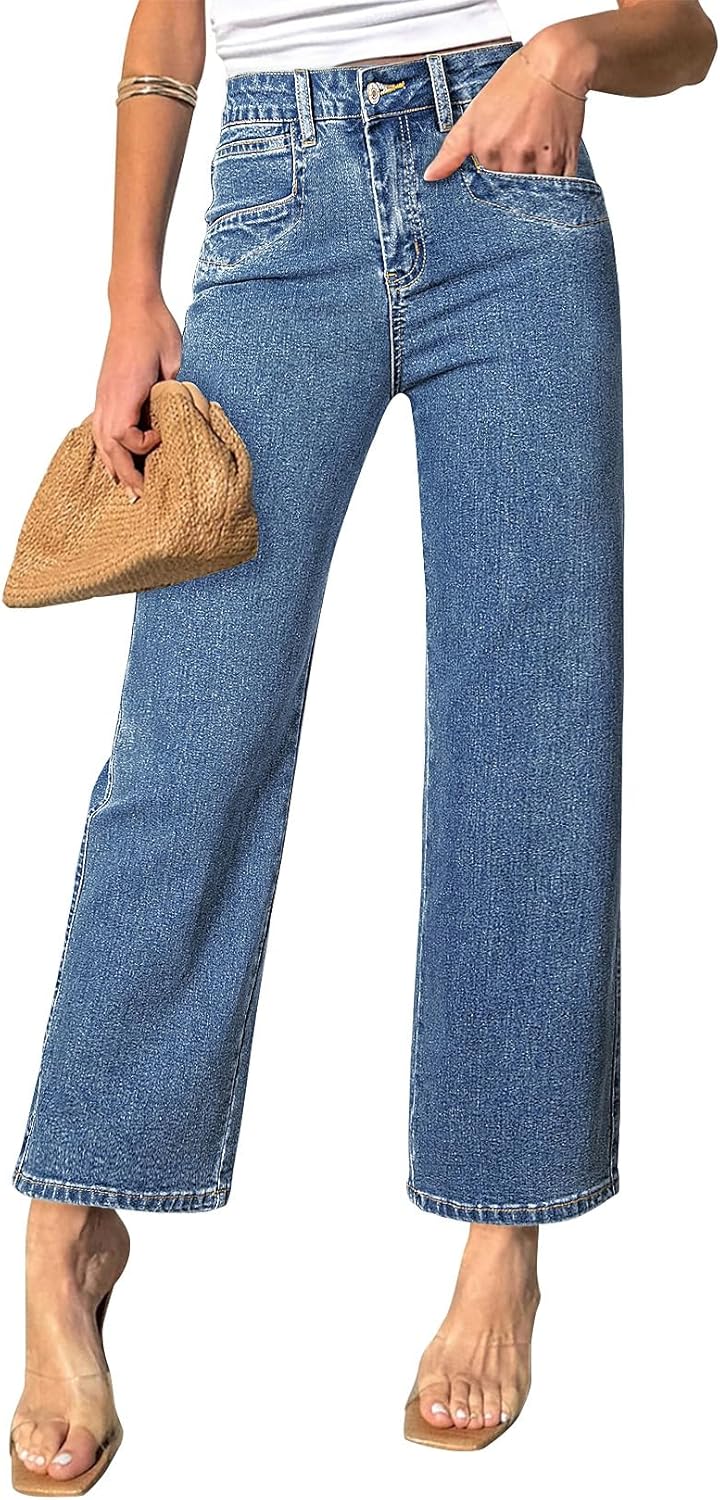 Sidefeel Women's Straight Leg Jeans High Waisted Petite Stretchy Jeans Zimbaplatinum Wide Leg Ankle Denim Pants with Pockets