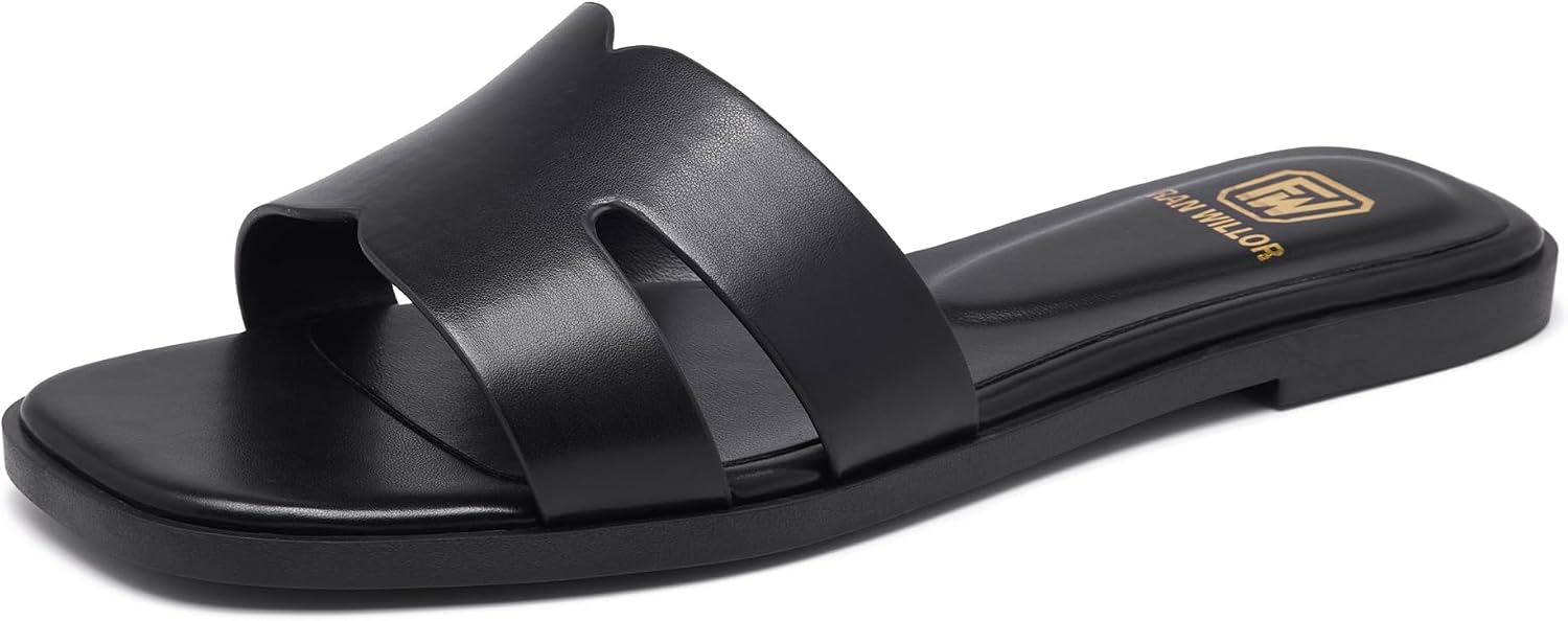 Women's Flat Sandals Dressy Comfortable Slide Sandals Fashion Square Open Toe Slip On Beach Sandals for Summer