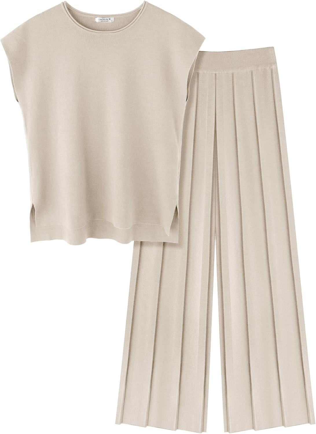 Lounge Sets for Women Two Piece Outfits Knit Cap Sleeve Tops Wide Leg Pleated Pants Casual Dressy Sweater Sets Beige