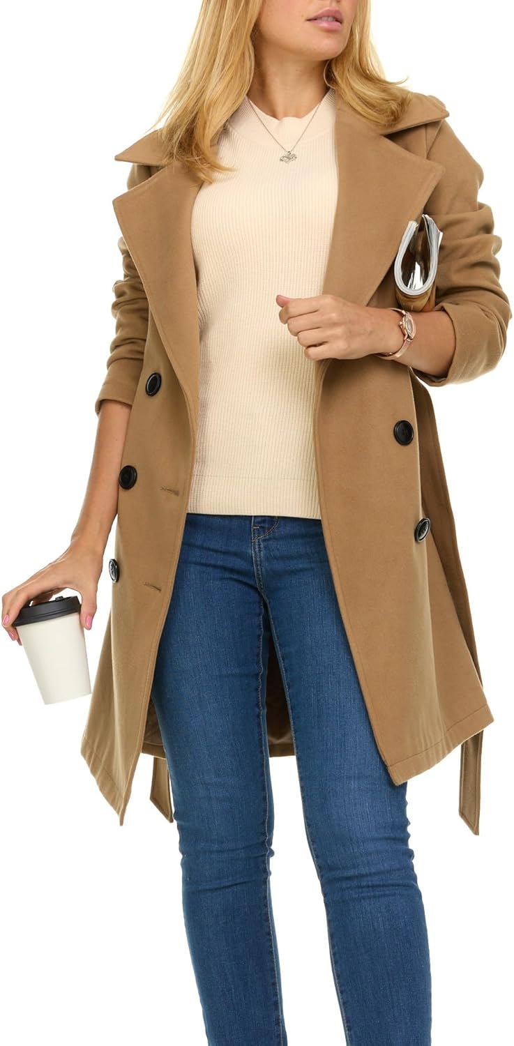 Steve Madden Trench Coat for Women – Double-Breasted Long Winter Faux Wool Coat