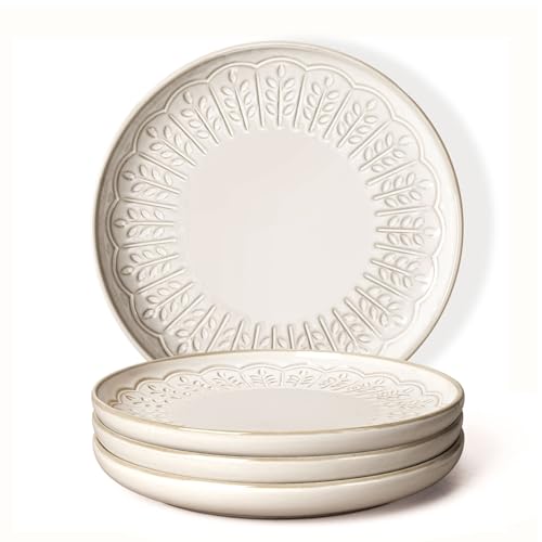 Salad Plates Set Of 4, 8.5 Inch Embossed Ceramic Dinner Plates for Appetizer Dessert, Kitchen Plates With Lipped Edges, Microwave Oven Dishwasher Safe (Wheat Leaf)