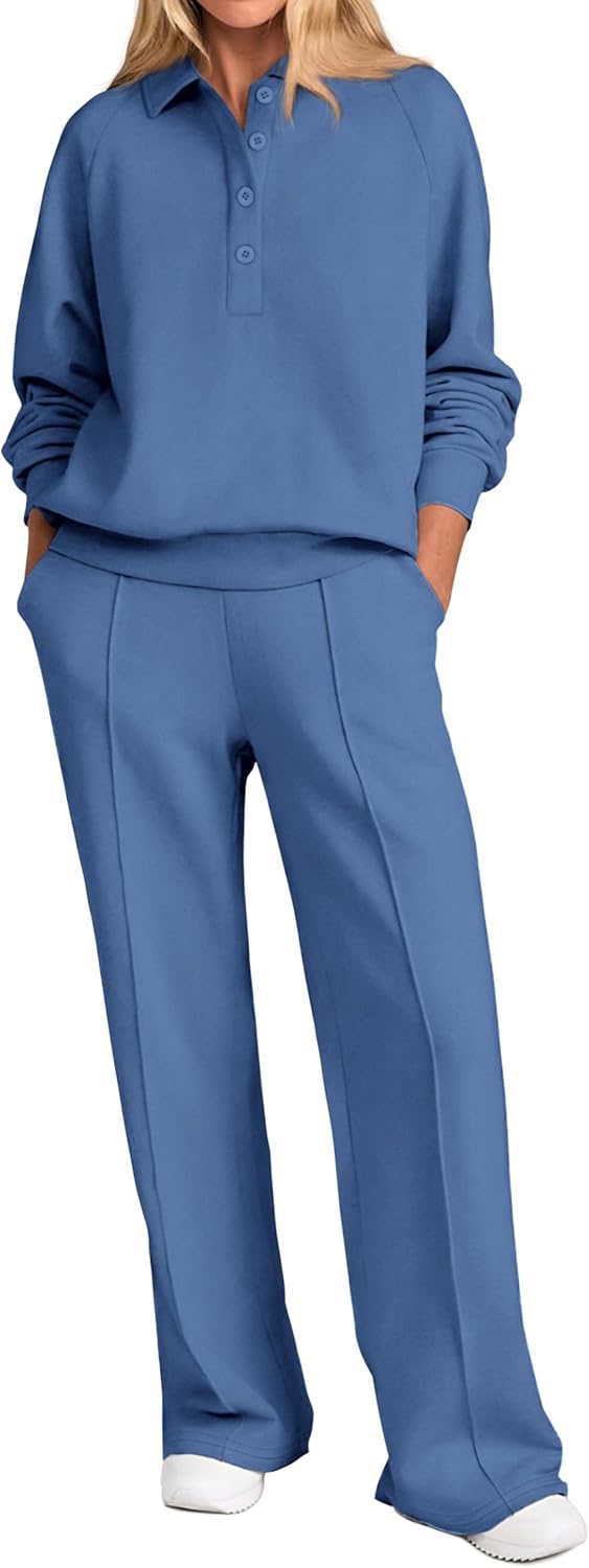 PRETTYGARDEN Women Fall 2 Piece Outfits Sweatsuits Quarter Button Long Sleeve Sweatshirt Wide Leg Pants Tracksuit Lounge Sets(Blue,Small)