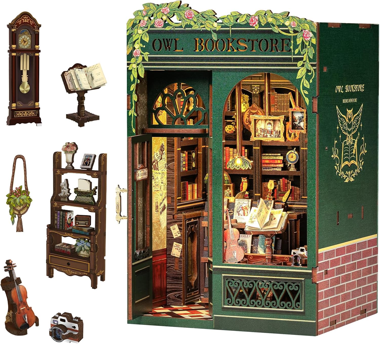 Book Nook Kit - DIY Miniature House Dollhouse Kit for Adults, Booknook Tiny House Bookshelf Decor 3D Wooden Puzzle, Gifts for Family and Friends (Owl Bookstore)