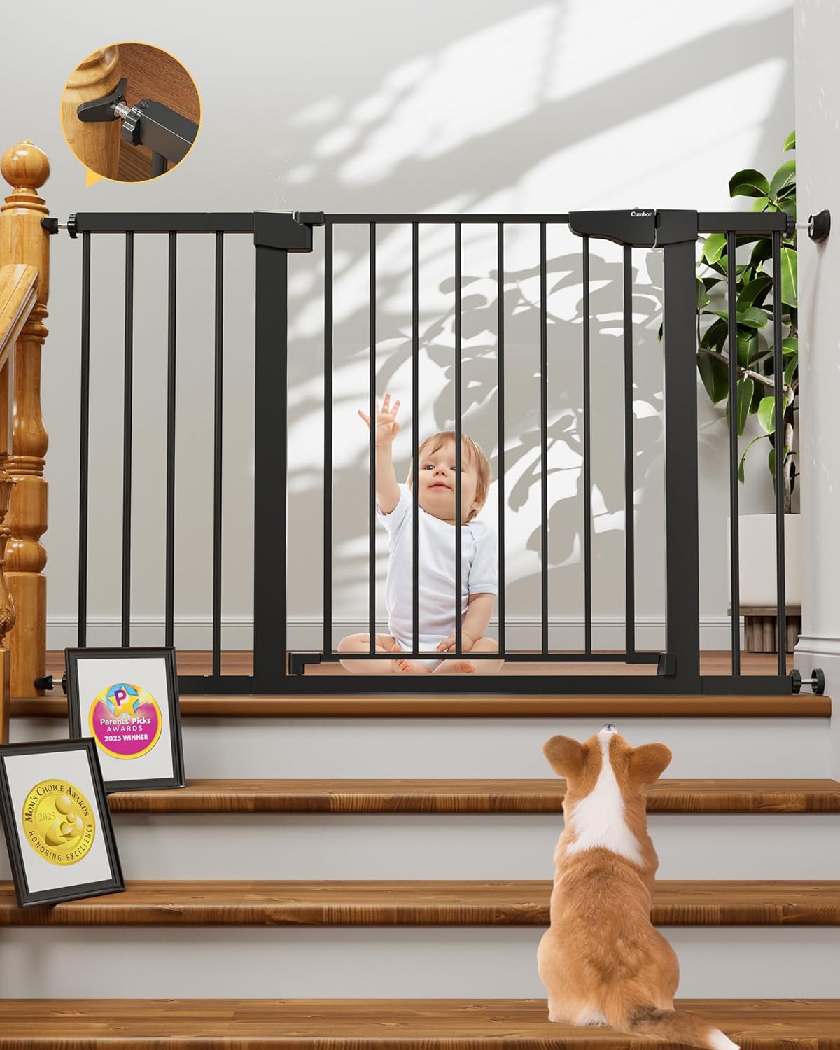 29.7-48" Baby Gate for Stairs, Mom's Choice Awards Winner-Dog Gate for Doorways, Auto Close Safety Pet Gate for Dogs Indoor, Easy Install Pressure Mounted Child Gate with Walk Thru Door, Black