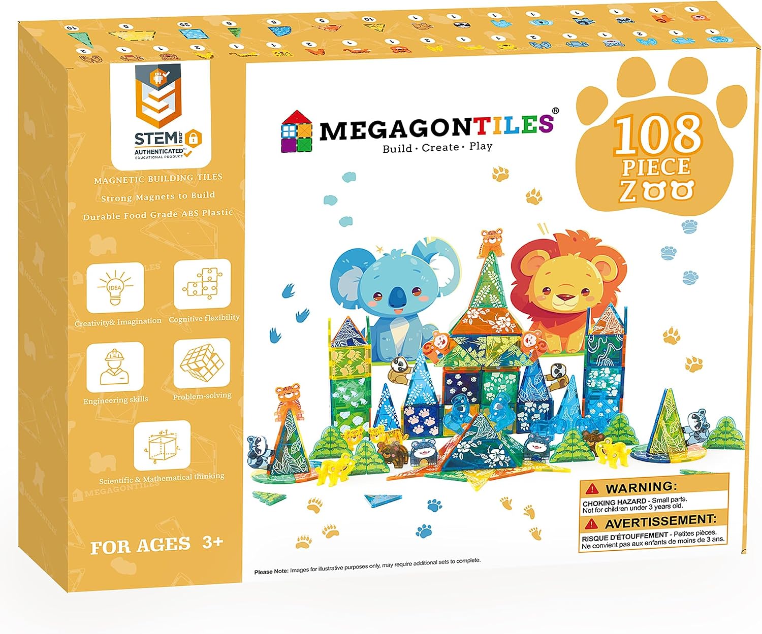 MEGAGONTILES Zoo Animals Magnetic Tiles Set 108PCS | STEM-Authenticated Magnetic Building Blocks with Animal Figures | Educational Construction Toy for Toddlers & Kids Ages 3–8 (Boys & Girls)