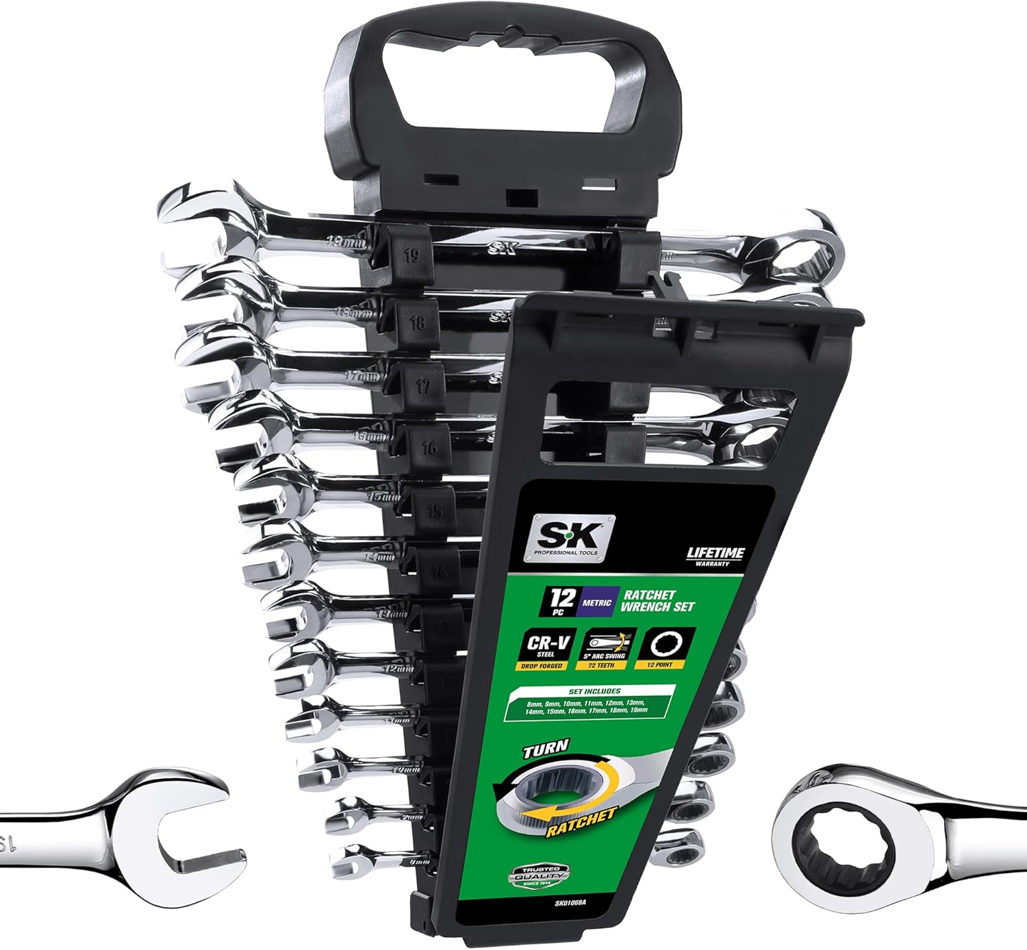 Ratcheting Wrench Set, Combination Wrench Set, 12-Piece, Metric 8 to 19mm, 72-Tooth, Premium CR-V Construction, with Rack Organizer