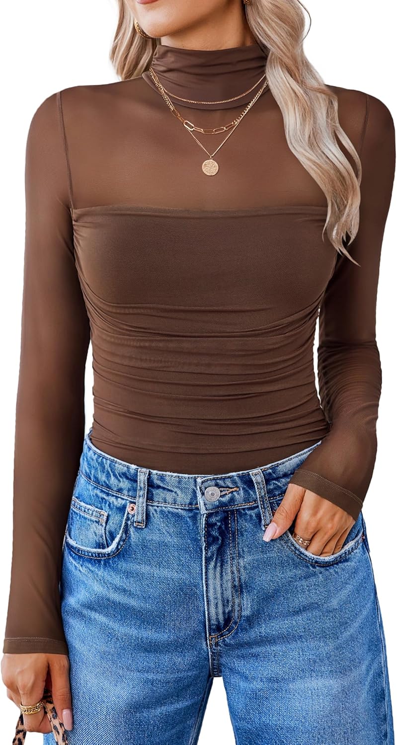 Women Long Sleeve Bodysuit Turtle Neck Shapewear Body Suits Mesh One Piece Leotard Shirt Going Out Old Money Clothes