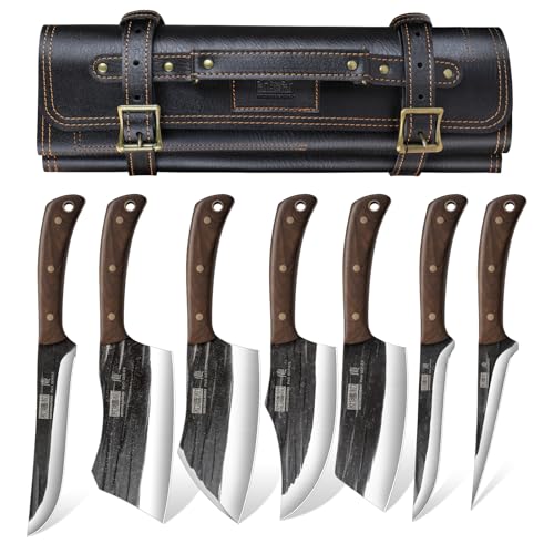 HOSHANHO Butcher Knife Set, Sharp Kitchen Knife Set & Roll Bag Gift for Men | Hand Forged 8PCS Butcher Chef Knife Set with Meat Cleaver Knife & Bone Chopper Knives & Fillet Knives for Home, Camping, BBQ