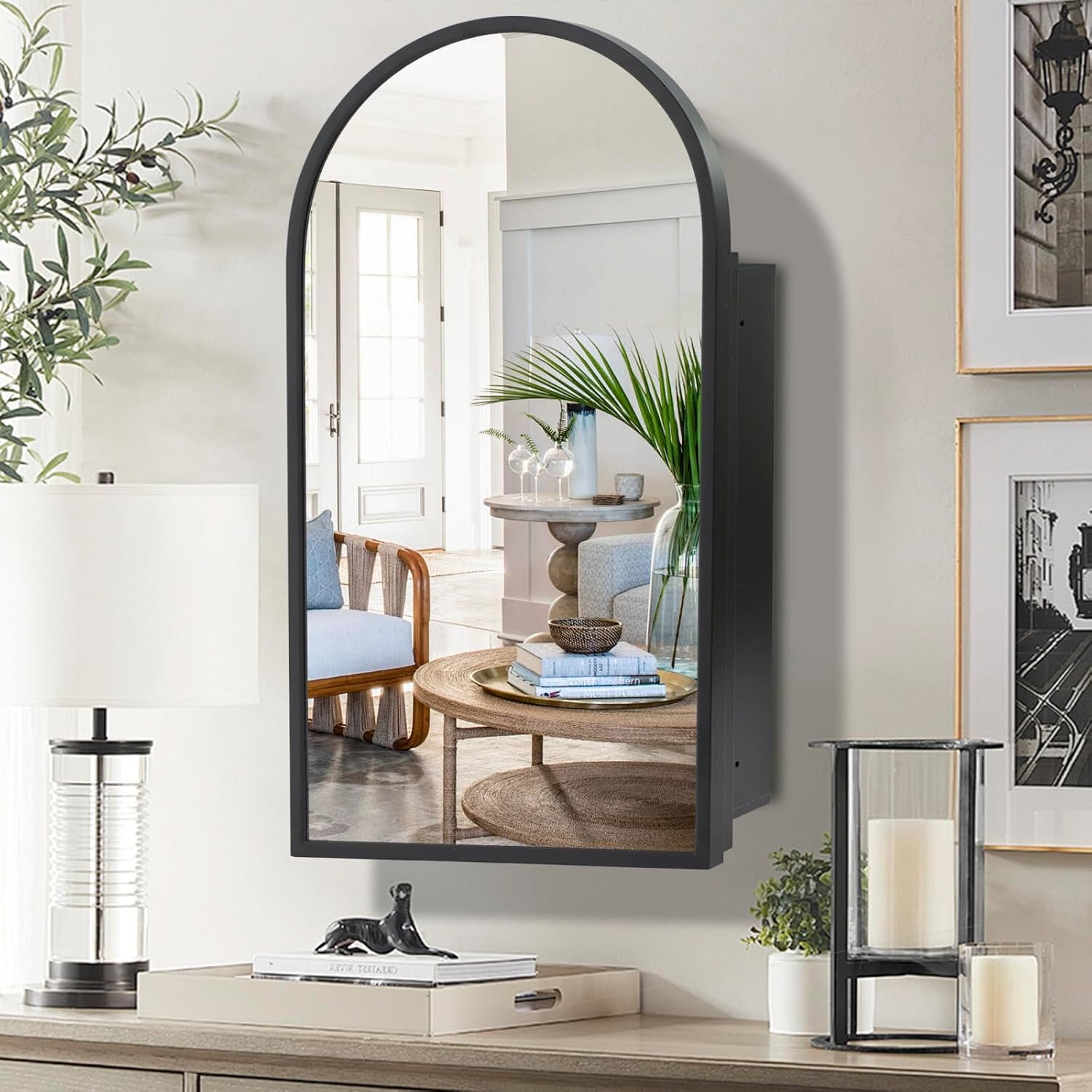Movo Arched Black Medicine Cabinet with Mirror 16 x30 Inch