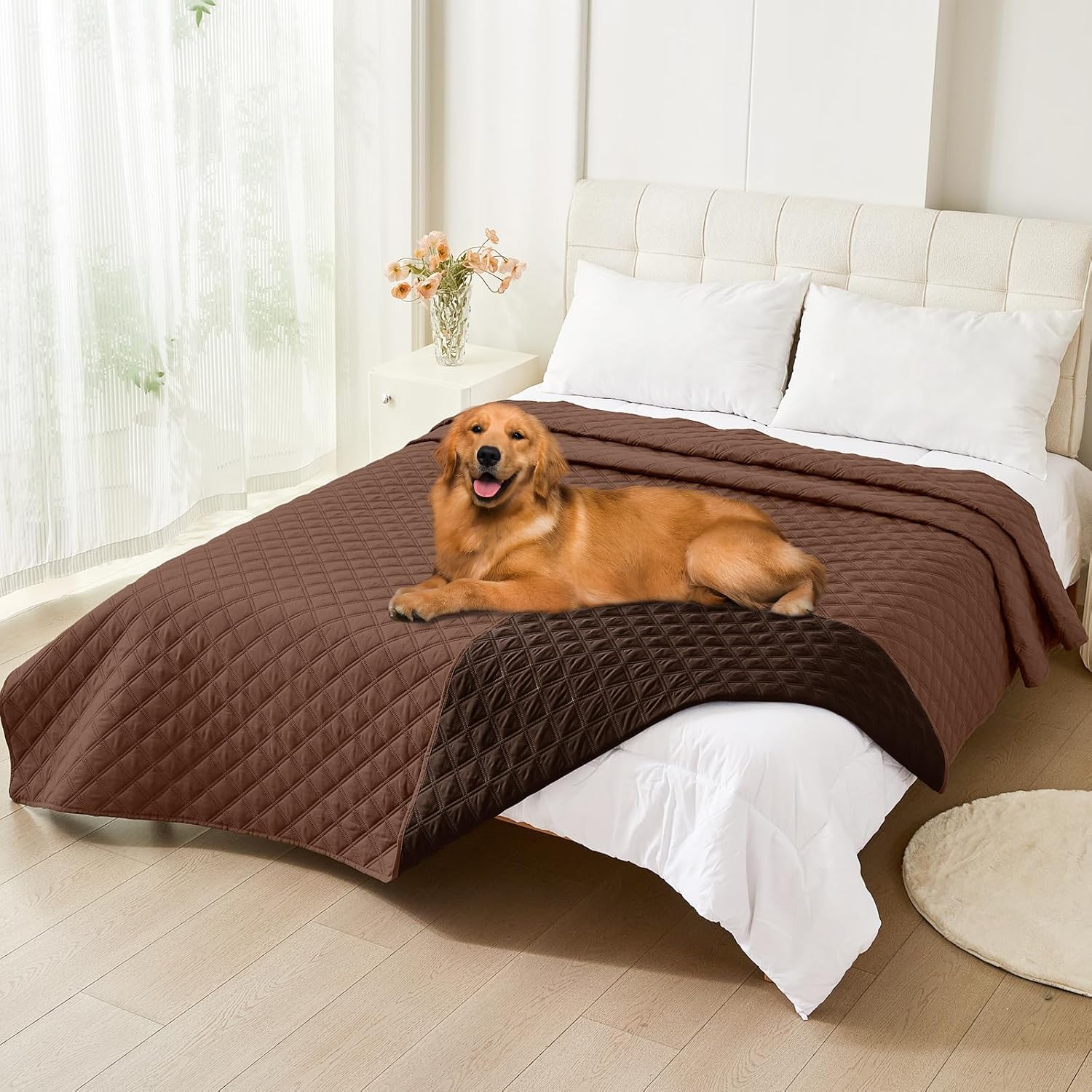 Waterproof Dog Bed Cover Pet Blanket, Soft Washable Dog Blanket for Furniture Bed Couch Sofa Reversible, Checkered (82"x120", Brown/Chocolate)