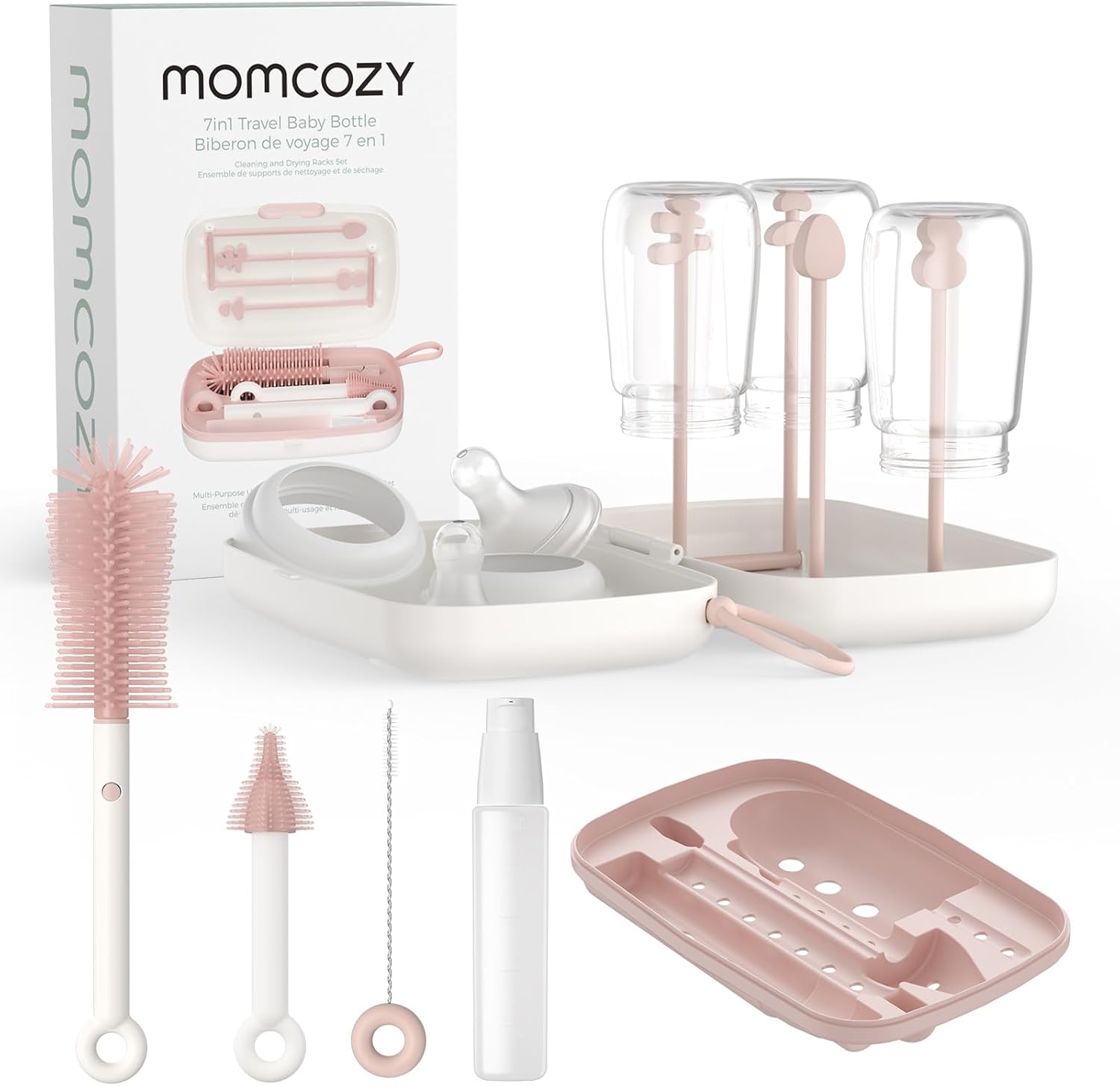 7-in-1 Baby Bottle Cleaner Kit with Silicone, Nipple & Straw Brushes, Soap Dispenser and Drying Rack - Portable Cleaning Tool for Home and Travel, Pink