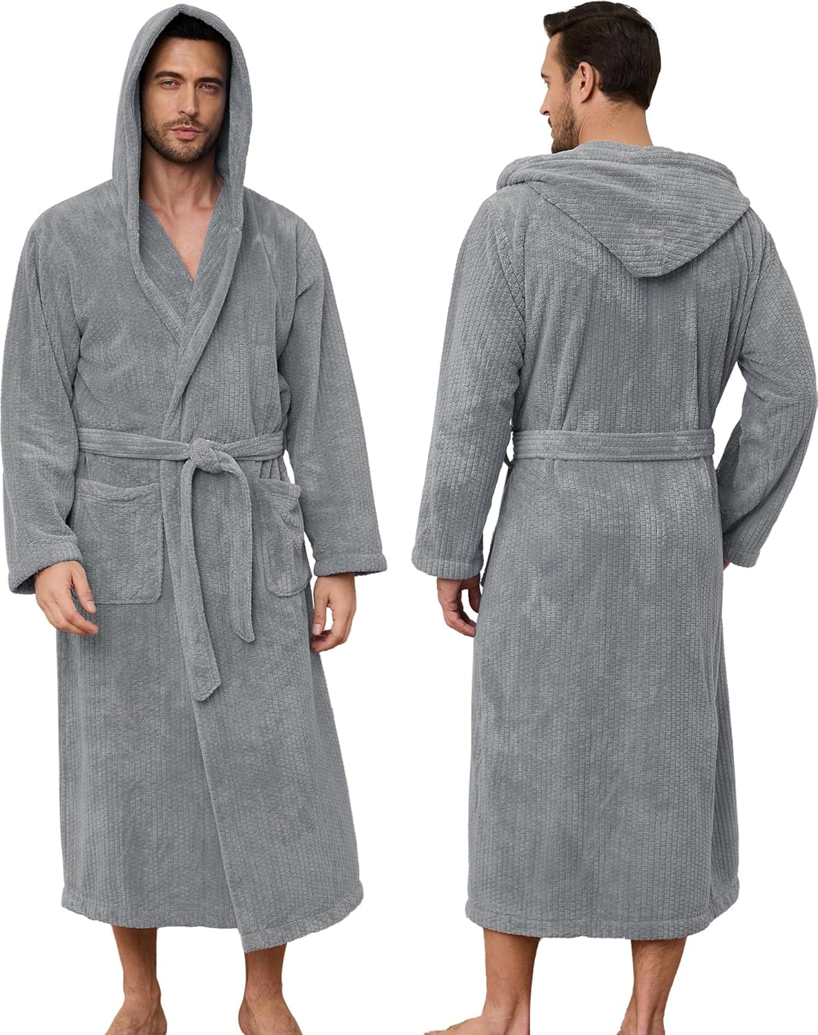 Men's Bathrobe with Hood, Soft Long Towel Robe for Men - Super Absorbent Quick Dry yet Warm(Gray,L/XL)
