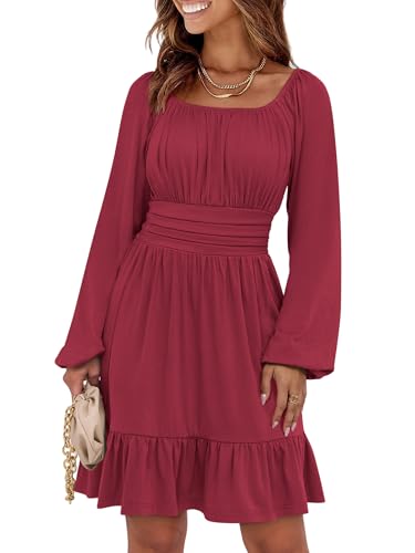 ANRABESS Women Long Lantern Sleeve Square Neck Fall Short Dress Red | Elastic Waist Belly Hide,Ruffle Flowy A-Line Mini Dress,Backless,Spring Summer Fashion Trendy,Cute Travel & Party Daily Wear