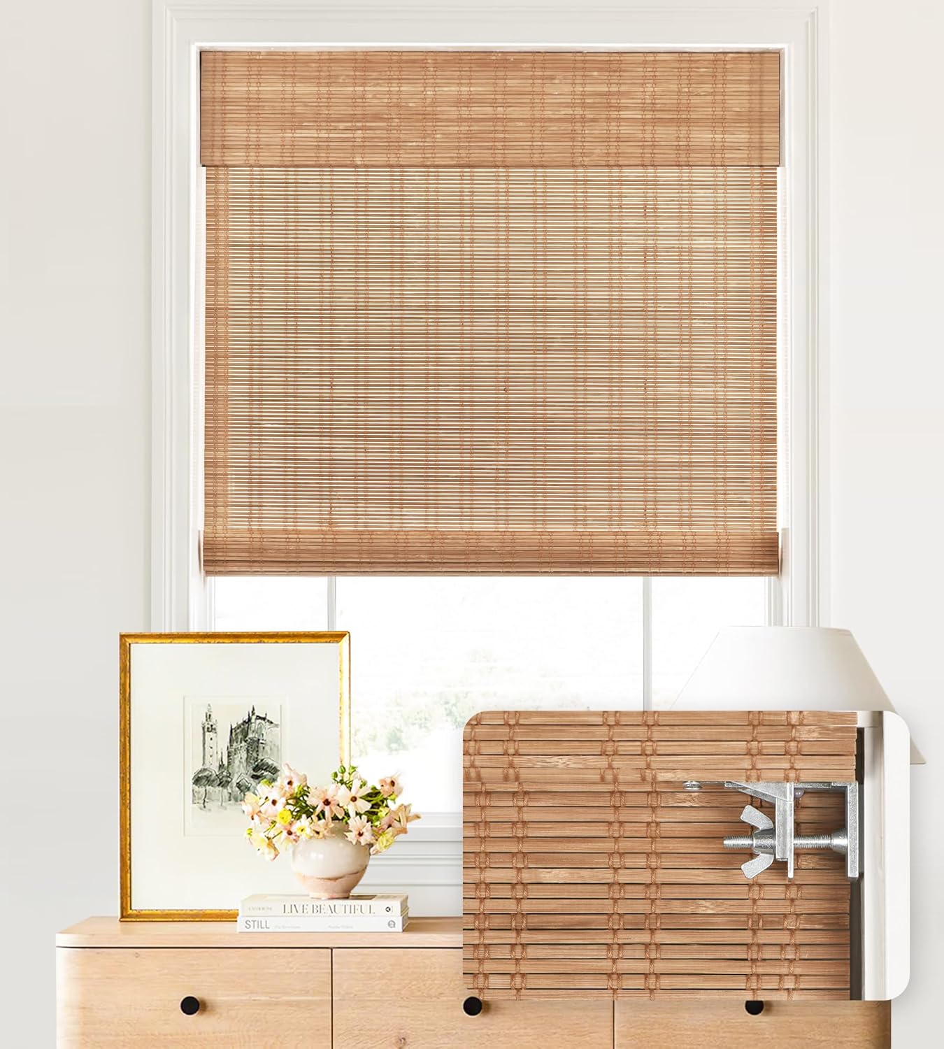 No Tools No Drill Cordless Bamboo Roman Shades, Light Filtering Window Treatment, Roll Up Bamboo Blinds for Windows 40'' W x 72'' H, Ceylon Light Russet
