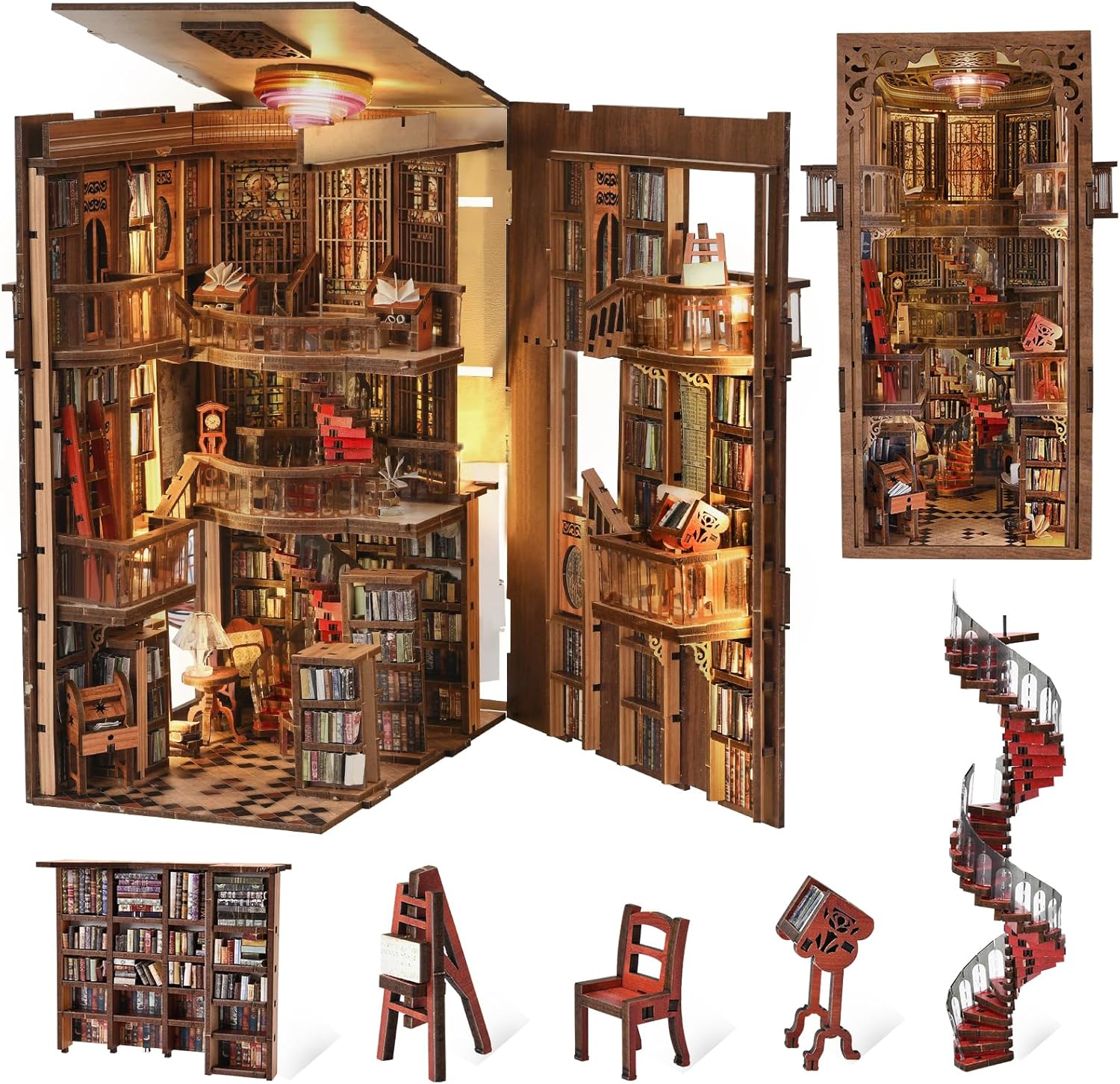 Book Nook Kit, DIY Miniature House Kit for Adult, Dollhouse Booknook Library Tiny House Bookshelf Decor 3D Wooden Puzzle with Dust Cover, Gifts for Family, Friends (Abbey Library)