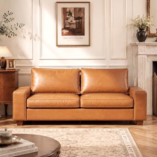 COUCHOICE Modern Faux Leather Sofa Couch (88.58", Brown) | 3-Seater Mid Century Faux Leather Couch with Solid Wood Frame, Wide Arm, Side Pockets, Living Room,Office,Small Spaces