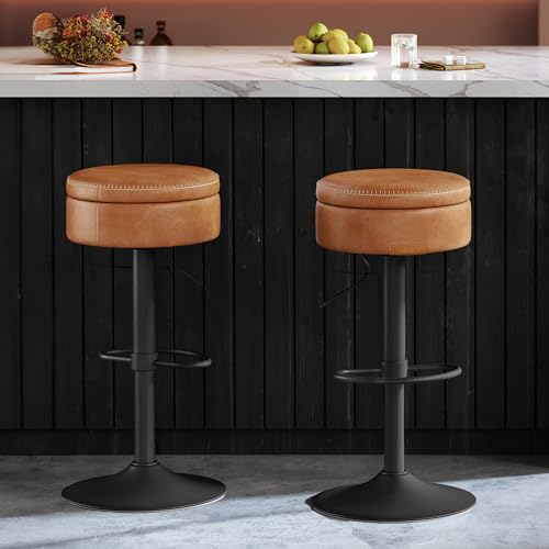 VASAGLE 360° Swivel Bar Stools Set of 2, Height Adjustable, with Storage | Mid-Century Modern Kitchen Bar, Synthetic Leather with Stitching, Easy Assembly, Caramel Brown, EKHO Collection ULJB299K01