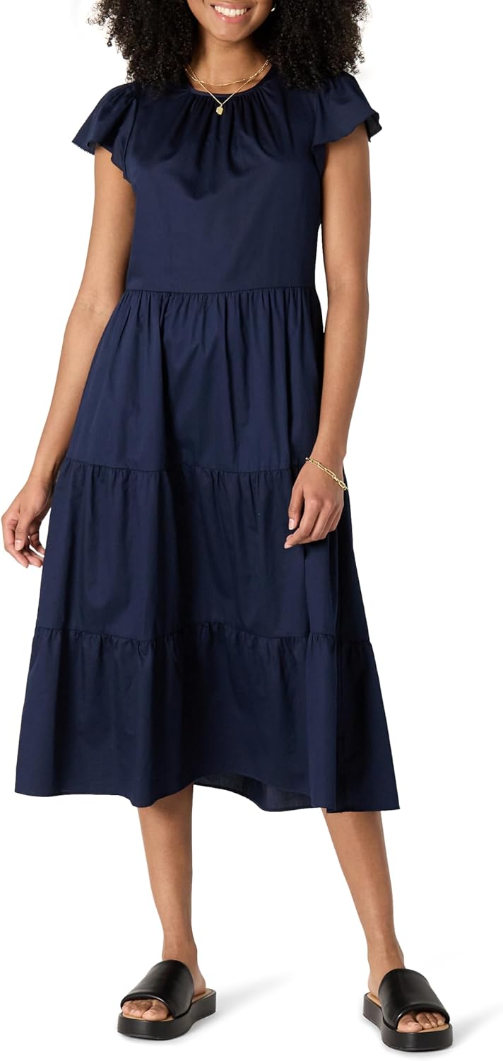 Amazon Essentials Women's Regular-Fit Cotton Sateen Crewneck Tiered Maxi Dress, Navy, Large