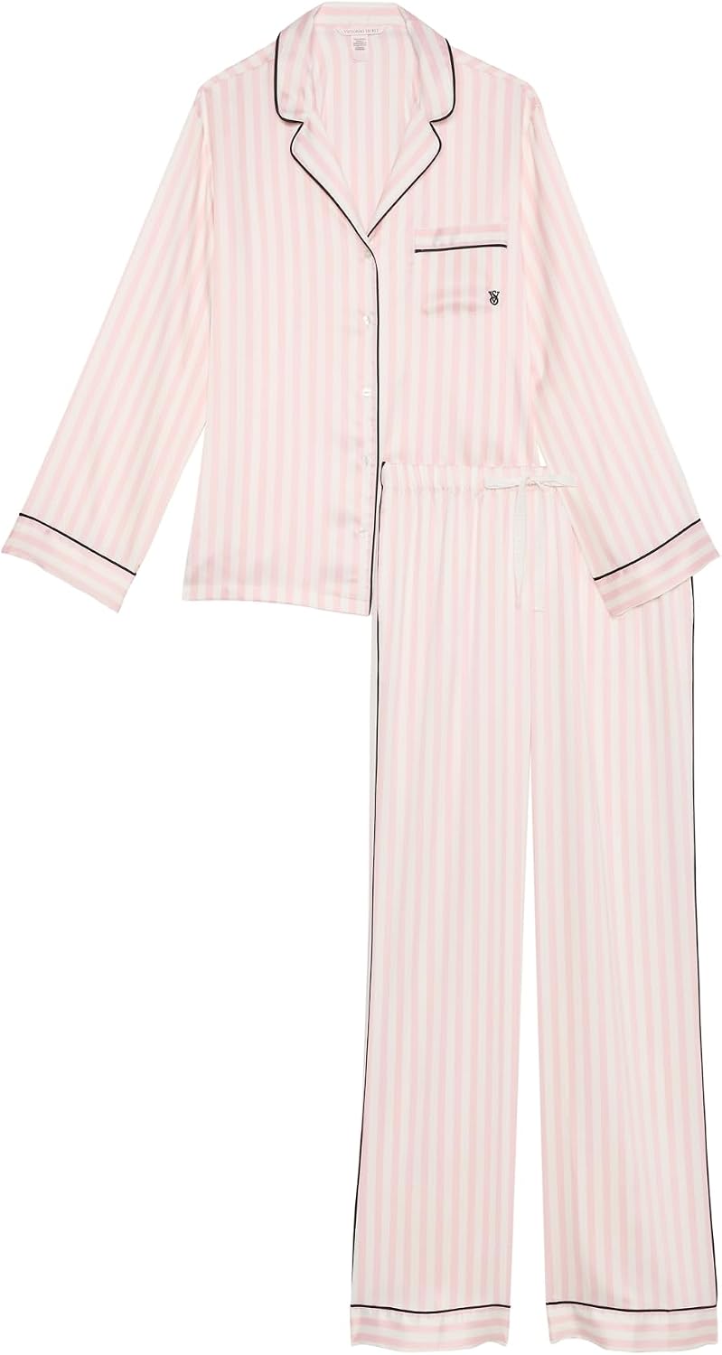 Victoria's Secret Satin Pajama Set, Long Sleeve Button Down & Pants, Pajamas for Women, Pink Iconic Stripe, XXL