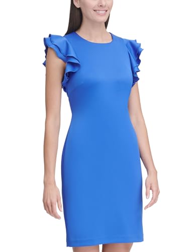 Tommy Hilfiger Women's Sleeveless Ruffle Hem Jewel Neck Crepe Sheath Mini Dress, Amparo Blue, 8