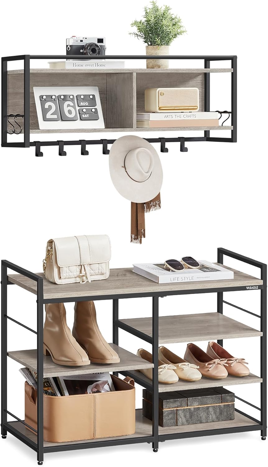 Hall Tree with Shoe Bench, Coat Rack Shoe Bench Set, Entryway Furniture, Multifunctional, 12 Metal Hooks, 4-Tier Shoe Rack, for Entryway, Bedroom, Heather Greige ULSB107K02